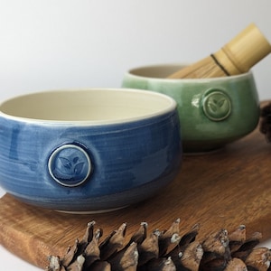 Porcelain matcha bowl Available in green or blue Adorned with a tea leaf stamp Handmade in Canada image 1