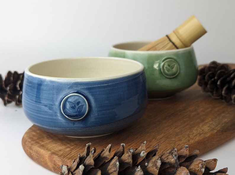 Porcelain matcha bowl Available in green or blue Adorned with a tea leaf stamp Handmade in Canada image 1