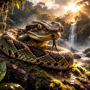 May include: A snake, with a patterned brown and yellow body, is coiled on a mossy log. The snake's tongue is extended. The background features a waterfall and sunlight filtering through the jungle foliage.