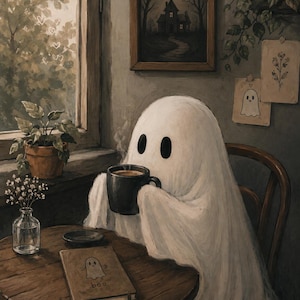 May include: A white ghost figure sits at a round wooden table holding a black mug with steam rising. On the table is a small book with a ghost illustration and the text 'boo', a glass vase with white flowers, and a small black saucer.