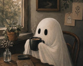 DIGITAL DOWNLOAD | Cute Ghost Drinking Coffee Art | Ghost Decor | Whimsical Coffee Art | Halloween Art | Cute Spooky Coffee Illustration