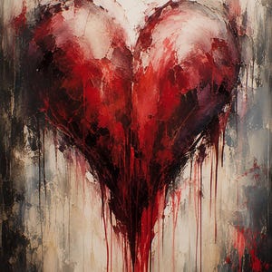 May include: An oil painting featuring a large, central heart shape rendered in deep crimson and dark red tones. The surface displays thick, textured impasto brushstrokes with vertical drips of red paint running down against a neutral background.