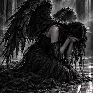 May include: A black and white depiction of a figure with large, detailed feathered wings kneeling on a tiled floor. The figure wears a long, layered dark gown with lace detailing and has long, flowing hair, with hands covering the face in a pose.