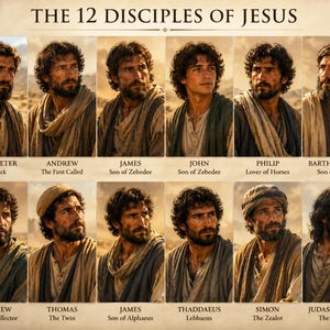 May include: A digital artwork featuring portraits of the twelve disciples of Jesus. Each portrait is a head and shoulders view of a man with dark hair and a beard, set against a desert backdrop. The names and titles of each disciple are listed below their portraits.