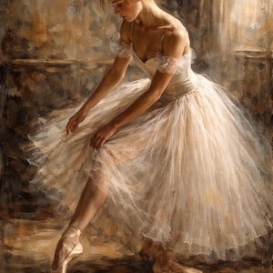 Puede incluir: Pintura de una bailarina con tutú y zapatillas de punta color crema. La bailarina está en una pose elegante, con una pierna extendida y los brazos suavemente curvados. El fondo tiene tonos cálidos y terrosos.