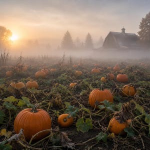 May include: A field of orange pumpkins in various sizes, surrounded by green vines and leaves, under a foggy sky. A barn is visible in the distance, with the sun setting in the background.