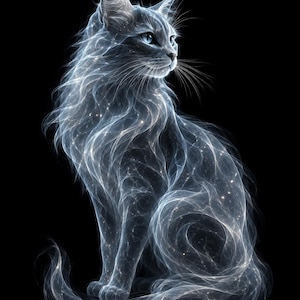 May include: A cat silhouette formed by swirling light blue and white ethereal smoke against a solid black background. The feline figure features glowing particles, long whiskers, and bright blue eyes, creating a luminous, semi-transparent effect.