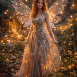 Puede incluir: Una mujer con un vestido fluido con alas de hada iluminadas está en un bosque. El vestido está adornado con detalles florales y las alas y el bosque circundante están iluminados con orbes brillantes.