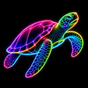 May include: A sea turtle illustration featuring a vibrant neon rainbow outline against a solid black background. The turtle is depicted in a swimming motion with glowing pink, blue, green, and yellow lines defining its shell and flippers.