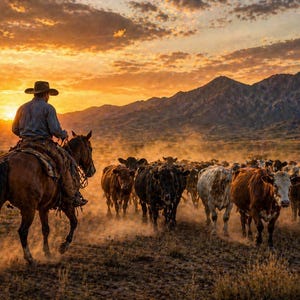 May include: A cowboy on horseback guides a herd of cattle across a dusty field at sunset. The sky is filled with orange and yellow hues, and mountains are visible in the distance. The cowboy wears a hat and a long-sleeved shirt.
