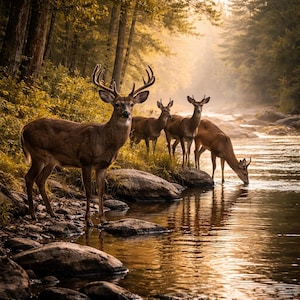 May include: A herd of deer by a river in a forest. The deer have brown coats and antlers. The water reflects the sunlight, creating a tranquil and natural scene.
