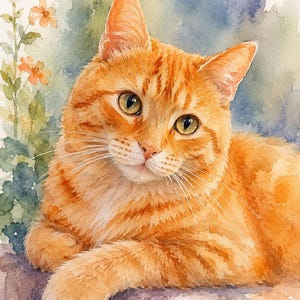 Può includere: Un dipinto ad acquerello di un gatto tigrato arancione con occhi verdi, in posizione di riposo. Il gatto è posizionato accanto a uno stelo verticale con piccoli fiori arancioni, su uno sfondo dai toni sfumati di blu e verde.