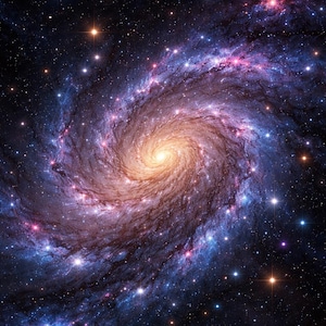 Puede incluir: Imagen vibrante de una galaxia espiral, que muestra un núcleo central brillante con brazos arremolinados en tonos azules, morados y rosas. Numerosas estrellas de varios tamaños y brillo están dispersas por el fondo oscuro.