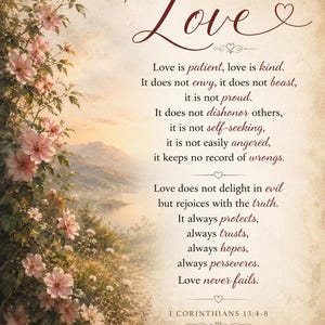 Puede incluir: Una impresión decorativa con un paisaje de flores rosas y un lago lejano. El texto dice: Love is patient, love is kind. It does not envy, it does not boast, it is not proud. It does not dishonor others, it is not self-seeking, it is not easily angered, it keeps no record of wrongs. Love does not delight in evil but rejoices with the truth. It always protects, always trusts, always hopes, always perseveres. Love never fails. 1 CORINTHIANS 13:4-8.