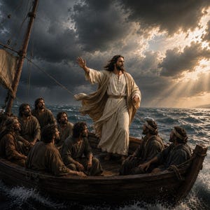 Pode incluir: Uma figura com longos cabelos castanhos e barba, vestindo uma túnica clara, está de pé num barco de madeira num mar agitado. Várias pessoas com túnicas em tons de terra sentam-se à volta da figura, olhando para cima sob nuvens escuras.
