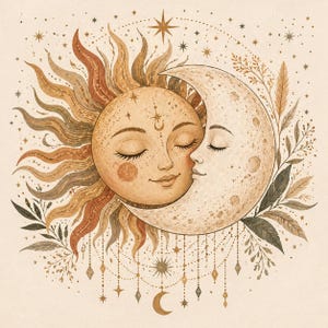 Peut inclure: Illustration à l'aquarelle du soleil et de la lune s'embrassant, les yeux fermés et les expressions sereines. Le soleil est représenté avec des tons bruns et orangés chauds, tandis que la lune est beige pâle. Des étoiles décoratives, des feuilles et des ornements suspendus entourent les figures célestes.