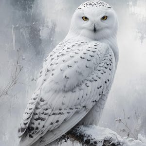Peut inclure: Un harfang des neiges aux yeux jaune vif et au plumage blanc orné de taches et de barres noires horizontales. Le rapace est perché sur une branche enneigée, montrant un plumage dense et un bec sombre et pointu, dans une représentation visuelle détaillée et haute résolution de l'oiseau.