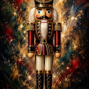 May include: A nutcracker figurine wearing a black hat with gold trim, a red jacket with gold epaulets, and black boots. The figure has a white beard, moustache, and blue eyes. It stands on a circular base, featuring intricate gold detailing throughout.
