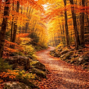 Può includere: Un pittoresco sentiero forestale autunnale si snoda tra alberi con vibranti foglie arancioni e gialle. Il terreno è coperto di foglie cadute e grandi rocce costeggiano il sentiero, creando una pittoresca scena naturale.