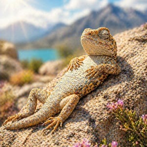 May include: A relaxed lizard basking on a sunlit rock, with closed eyes. The lizard's skin is a mix of tan, brown, and orange hues. The background features mountains, a lake, and a bright blue sky, with a few purple flowers in the foreground.