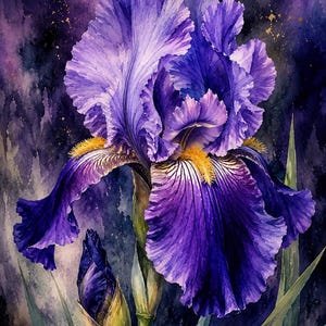 May include: Watercolor painting of a vibrant purple iris flower in full bloom, with ruffled petals and yellow accents. The artwork features a dark, textured background with hints of gold, and green leaves.