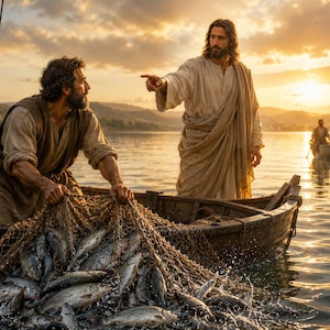 May include: A bearded figure in a light-colored robe stands in a wooden boat on water, pointing toward the horizon. A second bearded figure in a brown tunic pulls a large, heavy fishing net filled with many silver fish from the water.