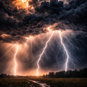 May include: Dramatic image of a thunderstorm with multiple lightning strikes illuminating a dark, stormy sky. The scene includes heavy rain, dark clouds, and a field with a path leading towards the horizon. The colors are a mix of orange, black, and white.