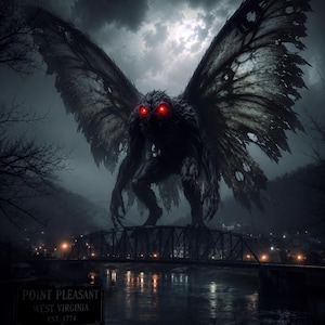 Può includere: Una creatura alata scura con occhi rossi luminosi si trova su un ponte di notte. La creatura ha grandi ali logore e una forma muscolosa e curva. Un cartello in primo piano recita Point Pleasant West Virginia Est. 1774 vicino a un fiume.