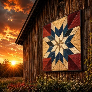 Può includere: Un pannello di legno con un disegno a stella, nei colori rosso, blu e crema, è appeso a un fienile di legno stagionato. Il tramonto proietta un bagliore arancione sulla scena, con un campo di fiori in primo piano.