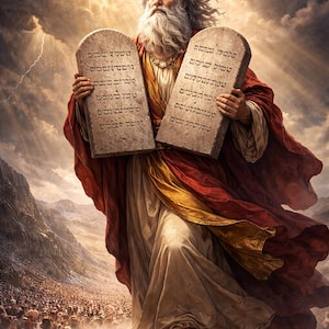 Könnte beinhalten: Illustration eines Mannes mit langem weißem Bart und Gewändern, der zwei Steintafeln mit hebräischen Inschriften hält. Der Hintergrund zeigt einen dramatischen Himmel mit Lichtstrahlen, was auf ein religiöses Thema hindeutet.