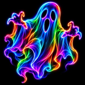 Puede incluir: Una figura fantasmagórica representada en vibrantes colores arcoíris brillantes sobre un fondo negro sólido. La entidad presenta una forma fluida similar al humo con dos manos levantadas, una boca ovalada y dos cuencas oculares oscuras.
