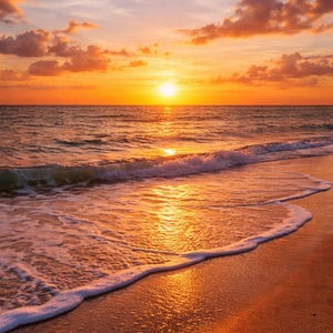 May include: A vibrant sunset over the ocean. The sky is filled with orange and yellow hues, with clouds reflecting the warm light. Waves gently roll onto the sandy beach, creating a serene and picturesque coastal scene.