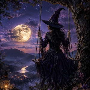 May include: A person wearing a dark purple witch hat and a long, layered dark purple dress sits on a wooden swing suspended from a tree branch. The scene features a large, bright full moon in a starry night sky over a misty mountain valley.
