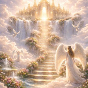 Puede incluir: Una pintura digital de una escena celestial. Un palacio dorado se encuentra sobre una cascada y una larga escalera. Hay ángeles con alas blancas, y la escena está llena de nubes y flores.