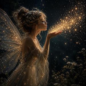 May include: A fairy figure with translucent wings wearing a shimmering gold gown with intricate detailing. The figure is blowing a stream of glowing golden star-shaped particles from their hands into the dark night air, creating a radiant effect.