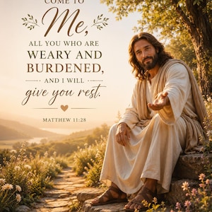 Puede incluir: Una impresión de pared con una figura barbuda con túnica beige sentada en escalones de piedra, extendiendo una mano. El texto dice: COME TO Me, ALL YOU WHO ARE WEARY AND BURDENED, AND I WILL give you rest. MATTHEW 11:28, sobre un paisaje al atardecer.