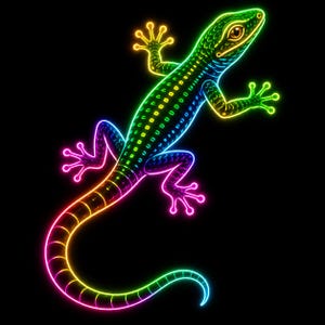 Pode incluir: Uma ilustração em estilo neon de um lagarto contra um fundo preto. O lagarto apresenta um contorno vibrante com gradiente de arco-íris que transita do verde na cabeça para amarelo, azul, roxo e rosa ao longo do corpo e da cauda.