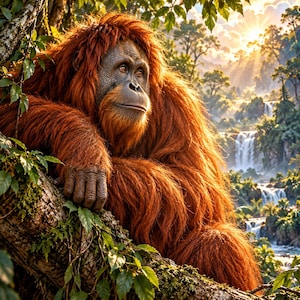 Könnte beinhalten: Ein Orang-Utan mit langem, zotteligem, rotbraunem Fell, der auf einem dicken, moosbewachsenen Ast ruht. Der Primat hat ein dunkles, strukturiertes Gesicht mit nach vorne gerichteten Augen und blickt in einer üppigen Dschungellandschaft nach rechts.