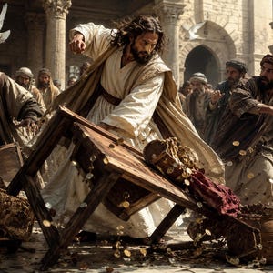 May include: A figure with long dark hair and a beard wearing a white robe and tan shawl, forcefully overturning a wooden table. Gold coins scatter across the stone floor as people in traditional robes look on. A white dove flies in the upper left.
