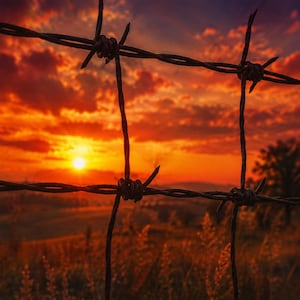 May include: A dark, metallic barbed wire fence with sharp, twisted barbs arranged in a grid pattern, positioned in the foreground against a vibrant, fiery orange and red sunset sky over a silhouetted landscape with tall, dry grasses.