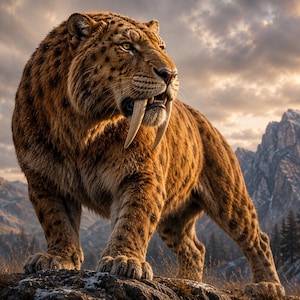 Pode incluir: Um gato dentes-de-sabre com pelagem espessa castanho-dourada e manchas escuras, em pé sobre um afloramento rochoso. O felino apresenta caninos superiores alongados, uma constituição musculada e um olhar focado perante uma paisagem montanhosa.