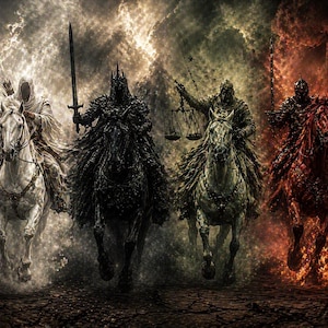 May include: A dramatic artwork featuring four horsemen on horseback, set against a backdrop of a stormy sky. Each figure is clad in dark armour and cloaks, with one holding a bow, another a sword, a third scales, and the last a spear. The horses are white, black, grey, and red.
