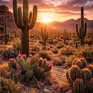 May include: A desert landscape at sunset featuring tall saguaro cacti and flowering cacti with pink blooms. The sky is filled with orange and purple hues, and the sun is setting behind distant mountains.