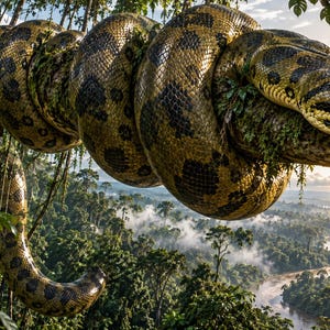 Puede incluir: Una gran anaconda verde con manchas circulares oscuras enroscada firmemente alrededor de una rama gruesa. La serpiente tiene un cuerpo escamoso y texturizado, y su cabeza se extiende hacia adelante con una lengua bífida que sale al aire.