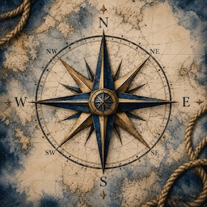 May include: A vintage-style compass rose illustration centred on a weathered, parchment-coloured map background with blue watercolour accents. The compass features sharp, alternating navy blue and gold points, with thick tan rope coiled in the corners.