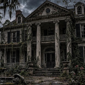 May include: A weathered, two-story mansion with a classical facade, featuring large white columns, a dark front door, and multiple windows with shutters. The building is overgrown with vines, and the sky is overcast, creating a spooky atmosphere.