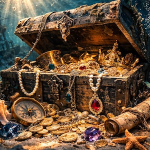 May include: An open wooden treasure chest overflowing with gold coins, jewelry, and a crown, submerged underwater. A compass, seashell, and scroll are also visible. The scene is illuminated by sunlight, with fish and coral in the background.