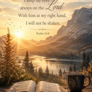 Könnte beinhalten: Ein aufgeschlagenes Buch und eine dunkle Tasse stehen auf einer Holzoberfläche mit Blick auf einen Bergsee bei Sonnenaufgang. Der Text lautet: I keep my eyes always on the Lord. With him at my right hand, I will not be shaken. Psalm 16:8.