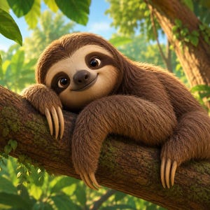 Puede incluir: Un perezoso de dibujos animados con pelaje marrón y cara marrón claro descansa sobre una rama de árbol. El perezoso tiene ojos grandes y expresivos y una suave sonrisa. Un exuberante follaje verde y un cielo azul crean un fondo vibrante.