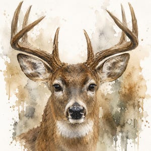 May include: A watercolour painting of a deer, featuring prominent antlers. The deer has brown fur and a dark nose, set against a soft, neutral background. The artwork highlights the deer's gentle expression and detailed antlers.